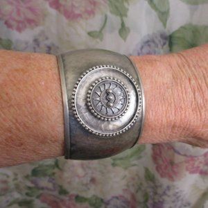 SATYA Sterling Mandala Cuff Bracelet~ Designer Signed 53g Sterling Silver Cuff